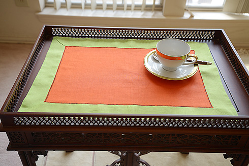 Multicolor Hemstitch Placemat 14"x20". Flame Orange Macaw Green - Click Image to Close